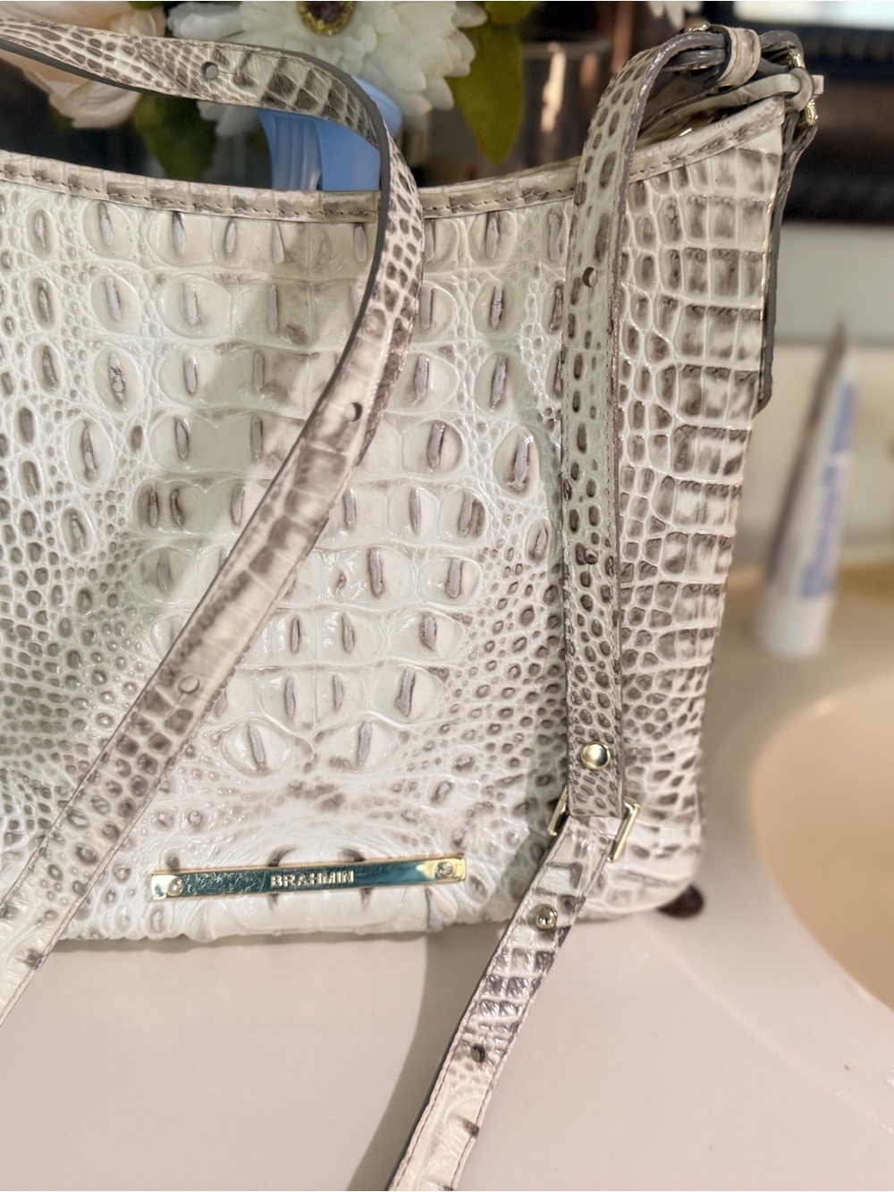 Brahmin Cream and Gray Croc-Embossed Leather Crossbody